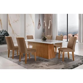 Conjunto: Mesa Sala Jantar Luna c/ Tampo de Vidro Canto Curvo 180x90cm e 6 cadeiras Londrina Imbuia/Off White - Suede Capuccino - Rufato