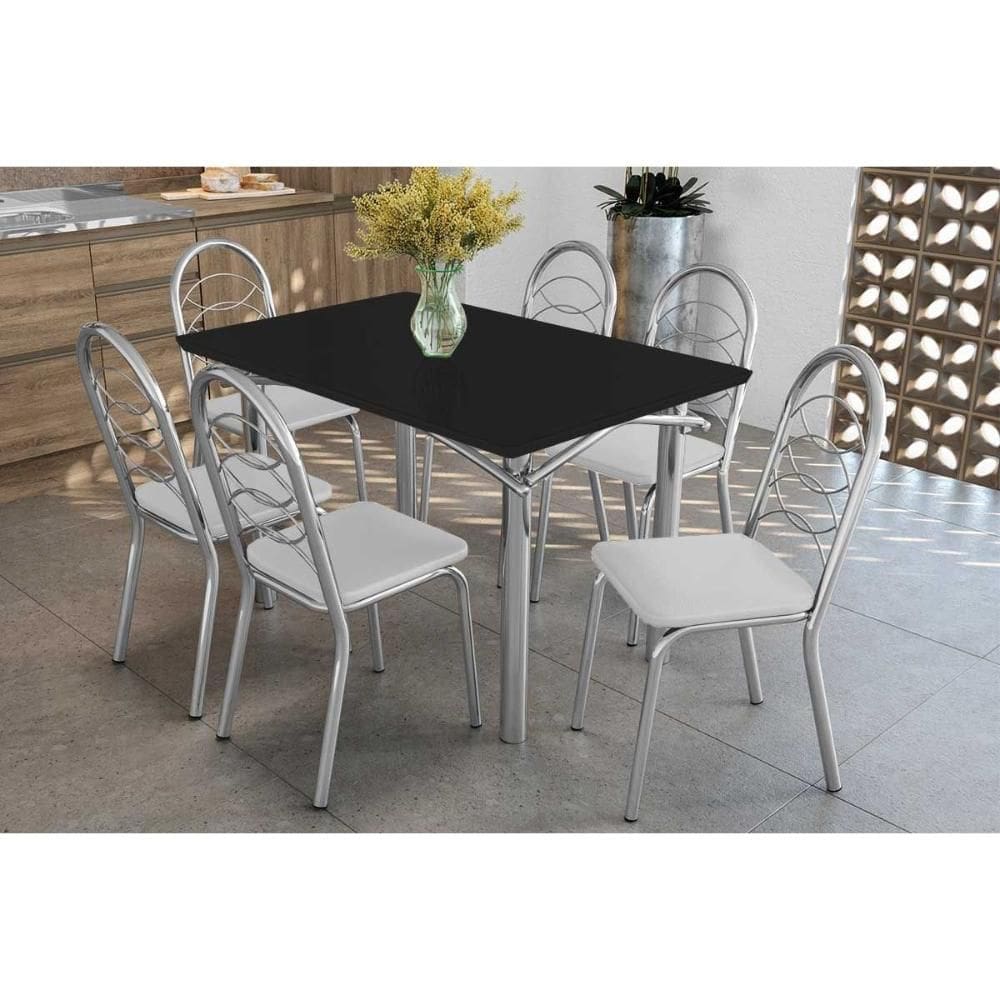 Conjunto: Mesa Sala Jantar Elba Tampo Madeirado c/ Vidro 120cm e 6 Cadeiras Holanda Cromada/Preto - Courano Branco - Kappesberg