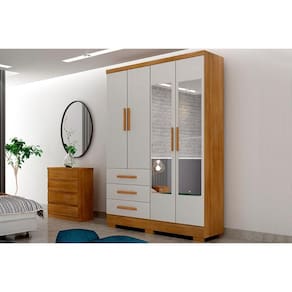 Guarda Roupa Solteiro 4 Portas (2 c/ Espelho) e 3 Gavetas c/ Pés Encanto/Berlim Cumaru/Fendi 25 - Novo Horizonte