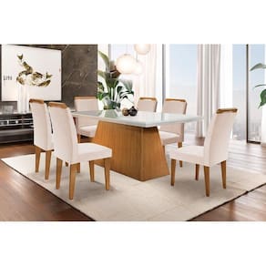Conjunto: Mesa de Cozinha Luna c/ Tampo Madeirado c/ Vidro Canto Reto 180cm e 6 Cadeiras Athenas Capuccino/Linho Bege Turim - Rufato