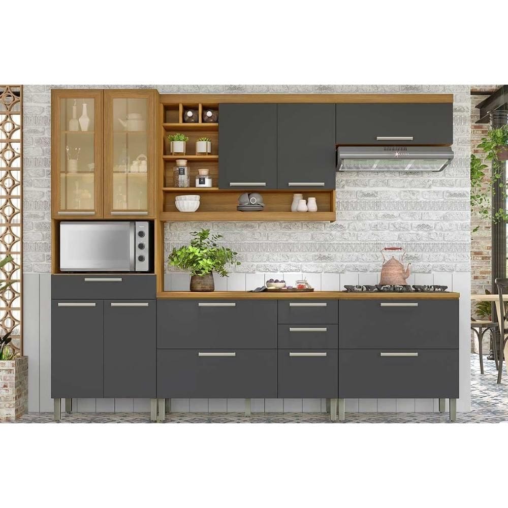 Cozinha Modulada Nesher Burguesa Premium 5 Peças (2Aéreos+2Balcões+1Paneleiro) C6P56 Freijo/Grafite-Nesher