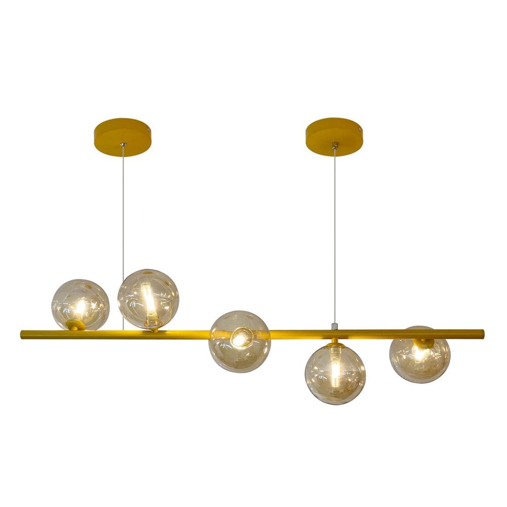 Kit Lustre 90Cm Dourado 5 Bolas Transparente + Lampada