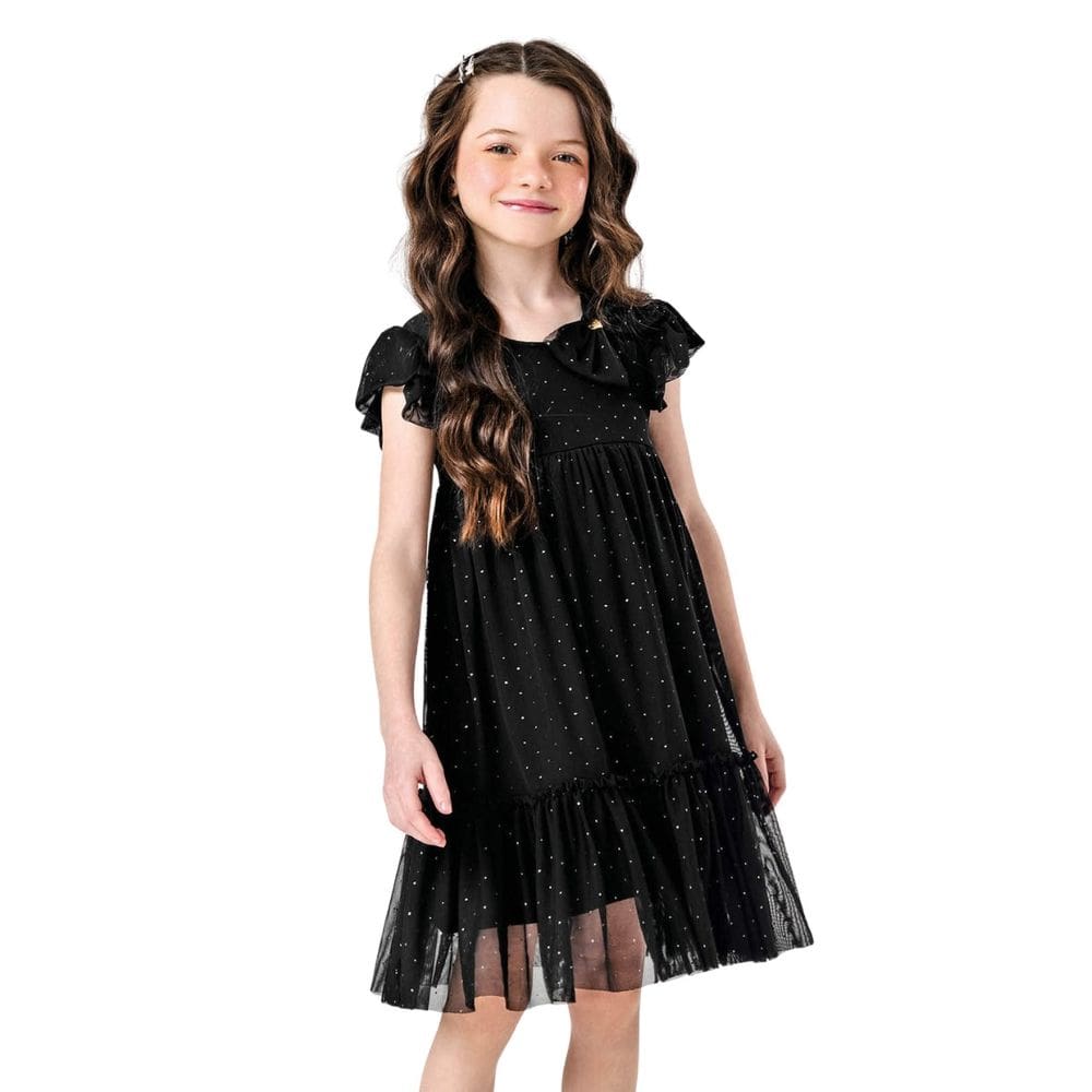 Vestido Infantil Tule Glitter Laço Babados Trick Nick Preto