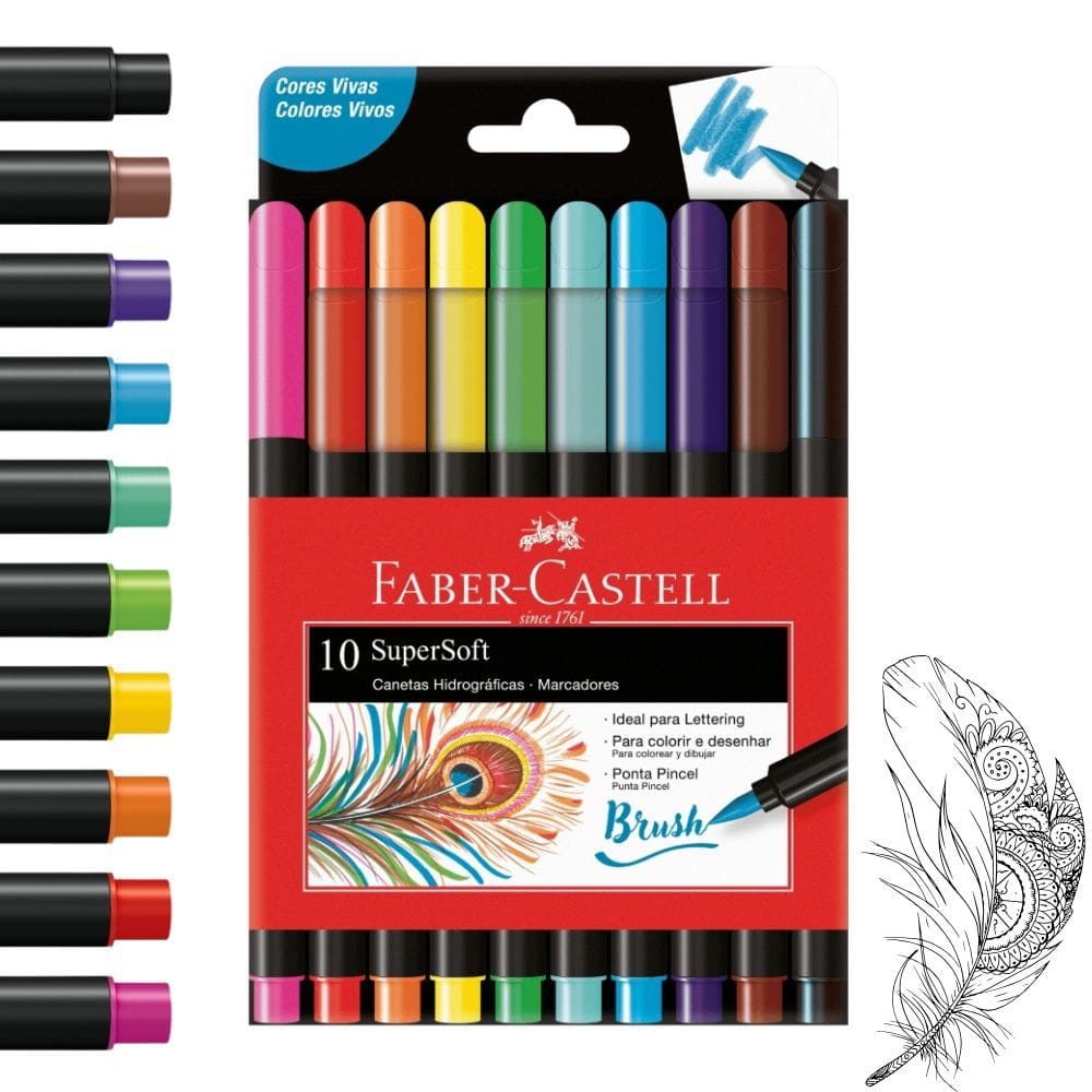 Caneta Brush SuperSoft 10 Cores Ponta Pincel Cores Vivas - Faber-Castell | Lettering | Colorir | Desenhar | Marcadores