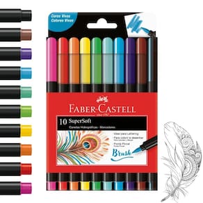Caneta Brush SuperSoft 10 Cores Ponta Pincel Cores Vivas - Faber-Castell | Lettering | Colorir | Desenhar | Marcadores