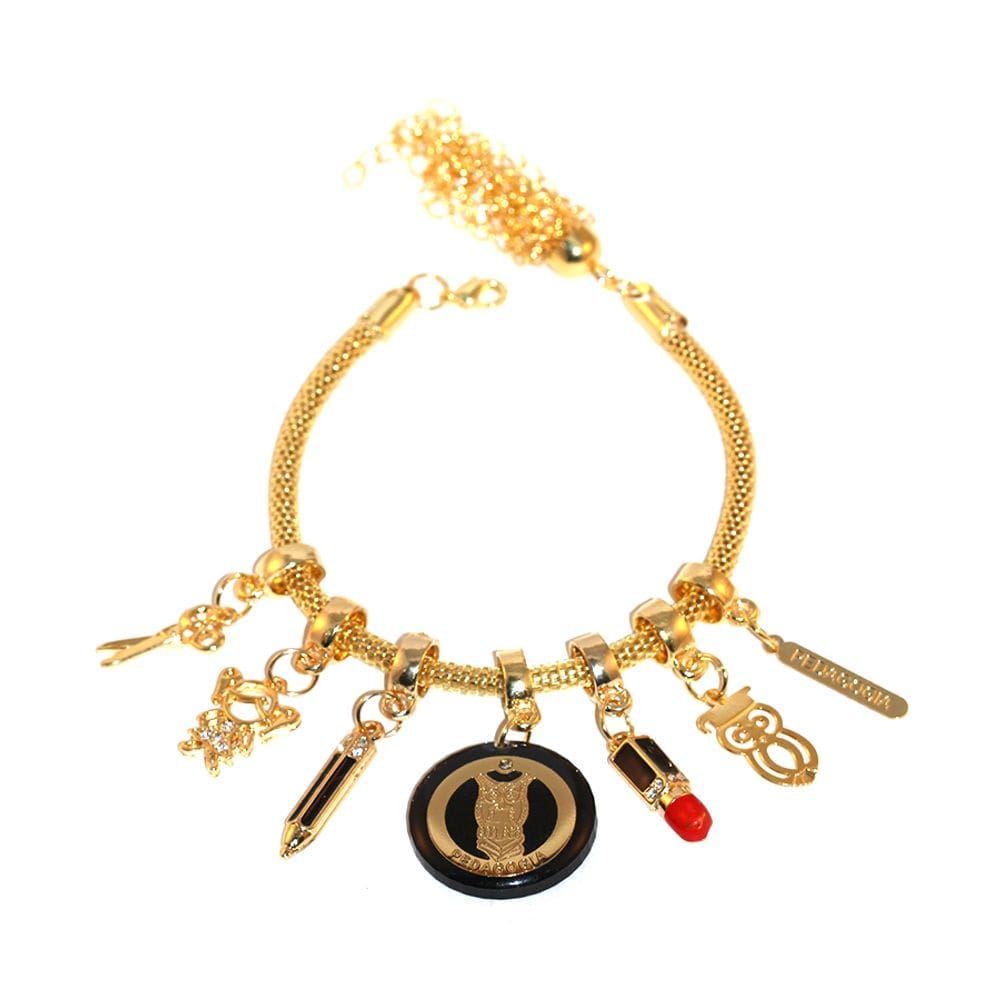 Pulseira Berloques Pedagogia Coruja Lápis Folheado Ouro 18k