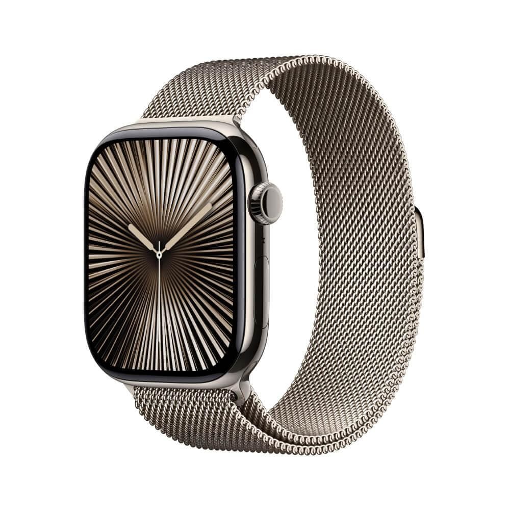 Apple Watch Series 10 GPS + Cellular • Caixa natural de titânio – 46 mm • Pulseira natural estilo milanês