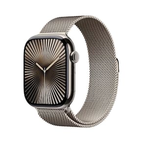 Apple Watch Series 10 GPS + Cellular • Caixa natural de titânio – 46 mm • Pulseira natural estilo milanês