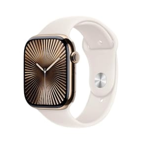 Apple Watch Series 10 GPS + Cellular • Caixa dourada de titânio – 46 mm • Pulseira esportiva estelar – P/M
