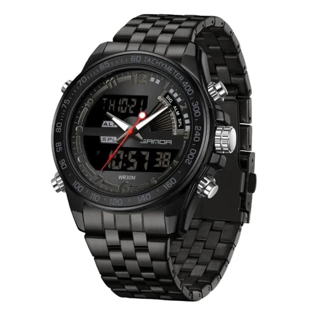 Relógio Multifuncional, Quartzo Eletrônico, Display Duplo 3307 Preto