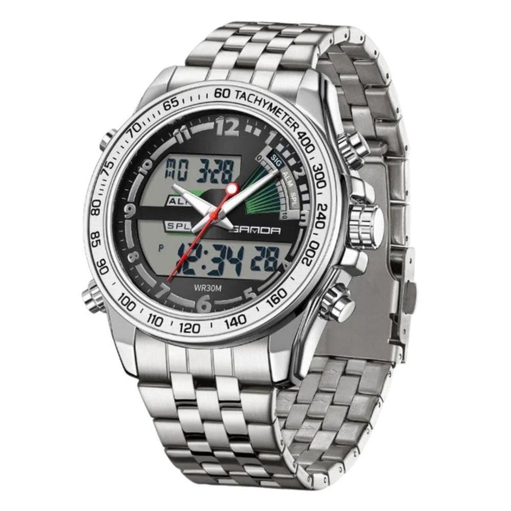 Relógio Multifuncional, Quartzo Eletrônico, Display Duplo 3307 Cinza