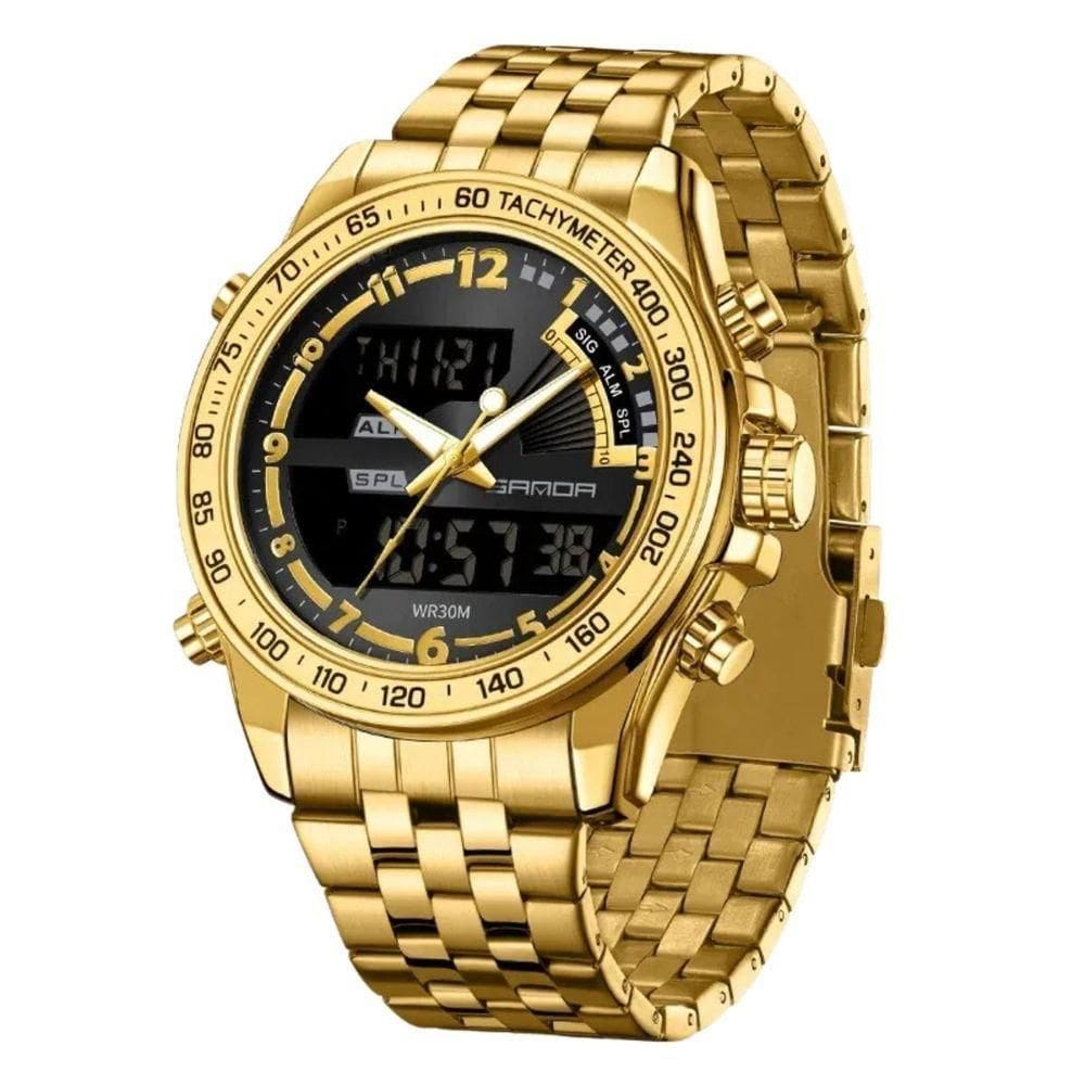 Relógio Multifuncional, Quartzo Eletrônico, Display Duplo 3307 Dourado