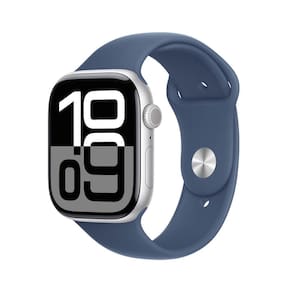 Apple Watch Series 10 GPS • Caixa prateada de alumínio – 46 mm • Pulseira esportiva denim P/M