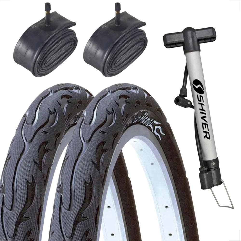 Par Pneu Bicicleta Kenda Flame Balão Aro 24 x 2.125 Liso Fogo + 2 Camara Shiver + Bomba de ar