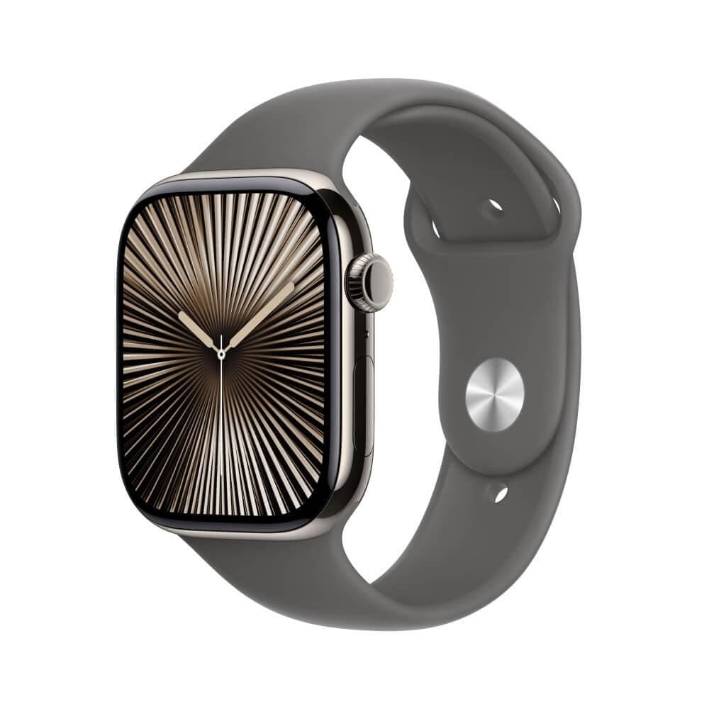 Apple Watch Series 10 GPS + Cellular • Caixa natural de titânio – 46 mm • Pulseira esportiva cinza-pedra – M/G