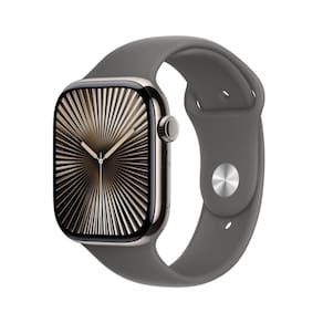 Apple Watch Series 10 GPS + Cellular • Caixa natural de titânio – 46 mm • Pulseira esportiva cinza-pedra – M/G