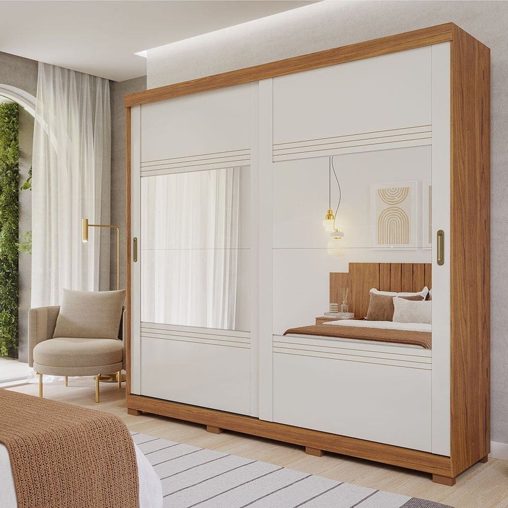 Guarda-Roupa Casal 2 Portas de Correr 4 Espelhos e Pés 243cm 100% MDF Marsala Espresso Móveis