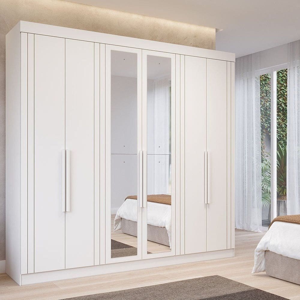 Guarda-roupa Casal 6 Portas com 4 Espelhos e 6 Gavetas 234cm 100% Mdf Boston Espresso Móveis Branco