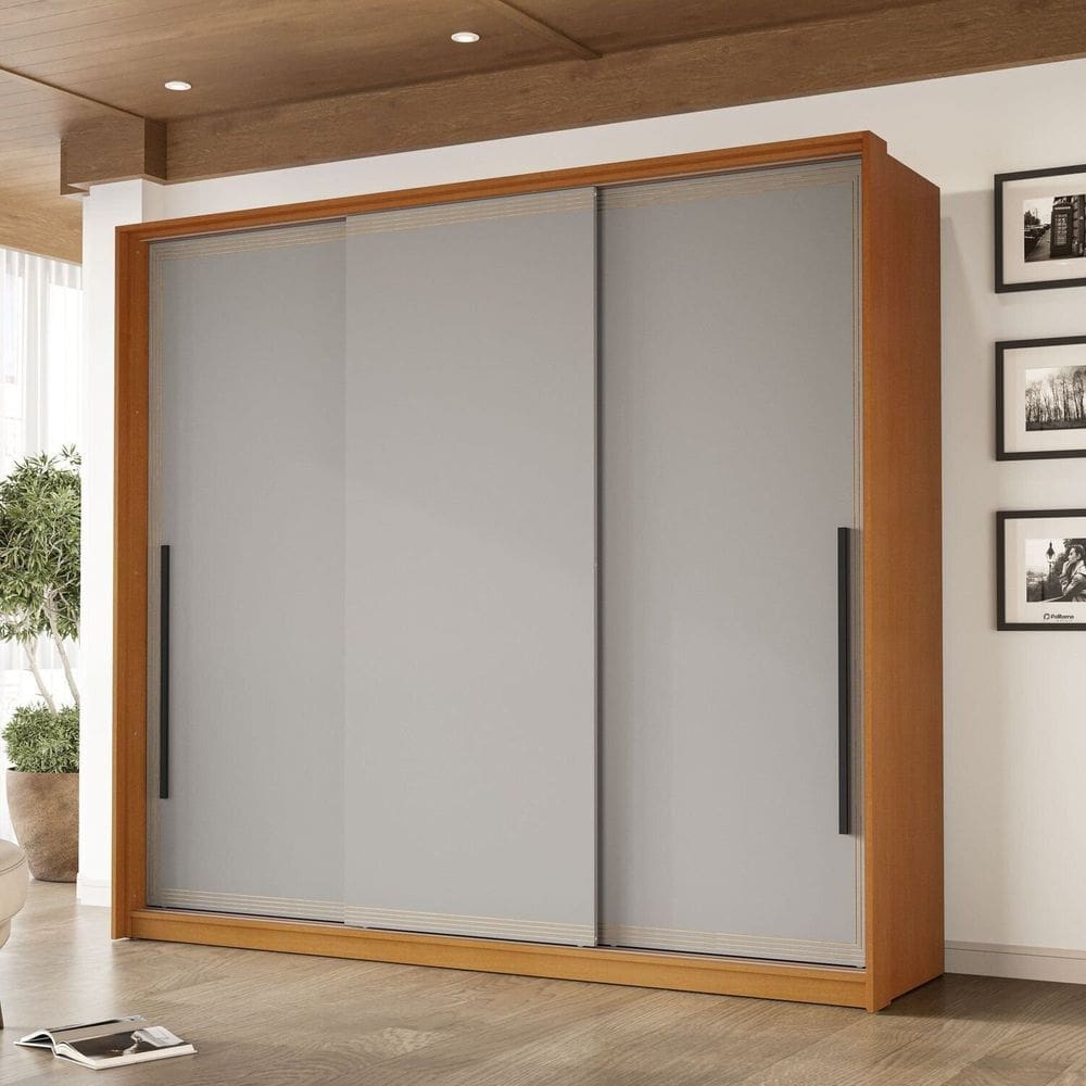 Guarda-Roupa 3 Portas de Correr 4 Gavetas Valência Freijó/Cinza