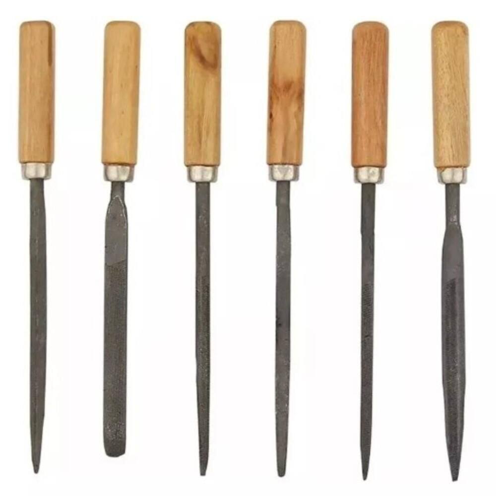 Kit Jogo Lima Agulha 6 Peças Com Cabo De Madeira Multiuso