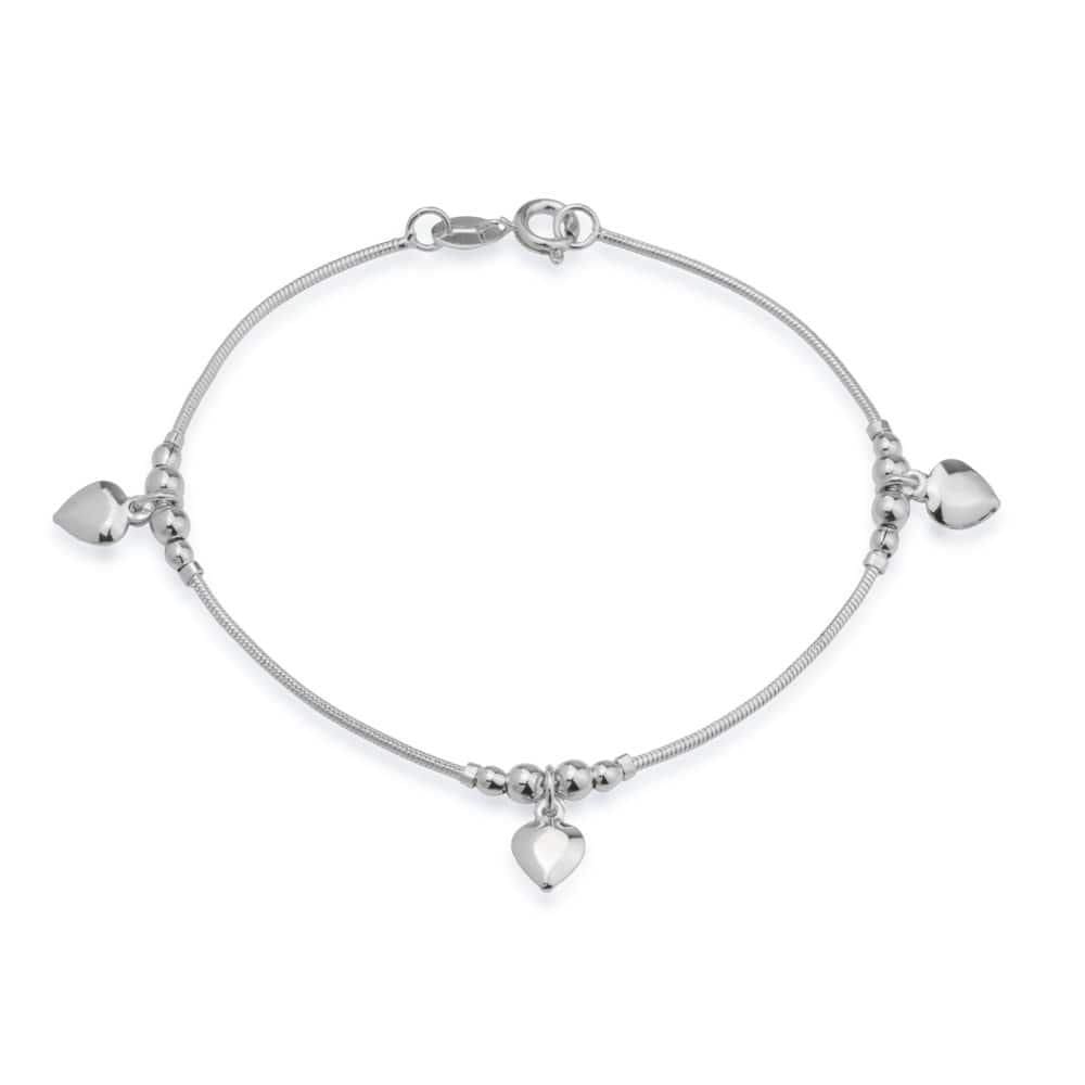 Pulseira Prateada Lisa Com 3 Pingentes De Coração