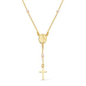 Colar Dourado Religioso Terço Cruz E Pérolas