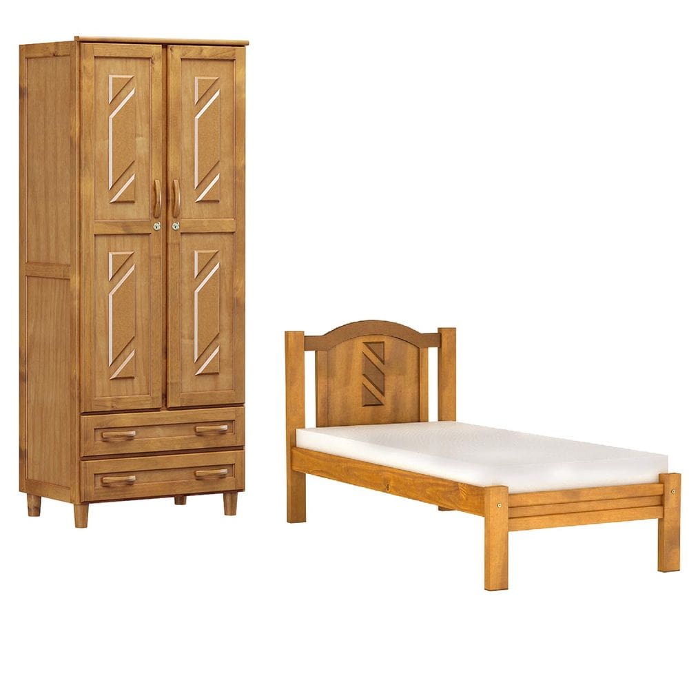 Conjunto Quarto Solteiro: Guarda-Roupa Multiuso 2 Portas  Cama  Madeira Pinus Freijó - Cavazotto