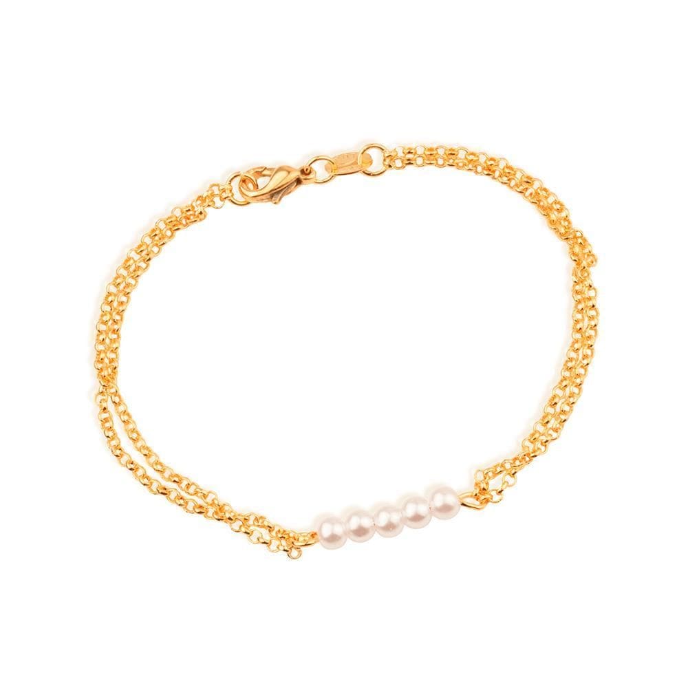 Pulseira Dourada Dupla Elo Português Com Pérolas