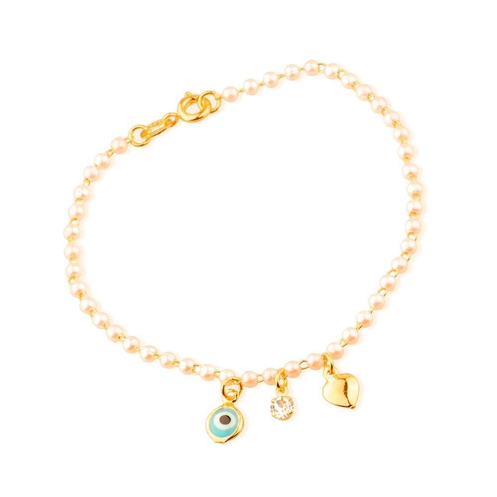 Pulseira Dourada De Pérolas Olho Grego Coração E Ponto Luz
