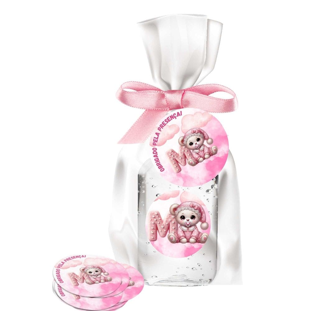 kit 25 Lembrancinhas Alcool Gel Ursinha Rosa Maternidade e Chá De Bebê