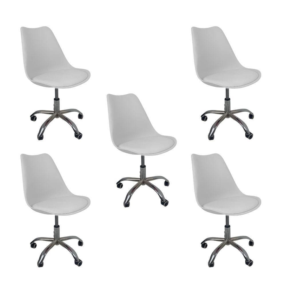 Kit 5 Cadeiras Office Base Cromada Com Rodizio Giratória Saarinen Branco