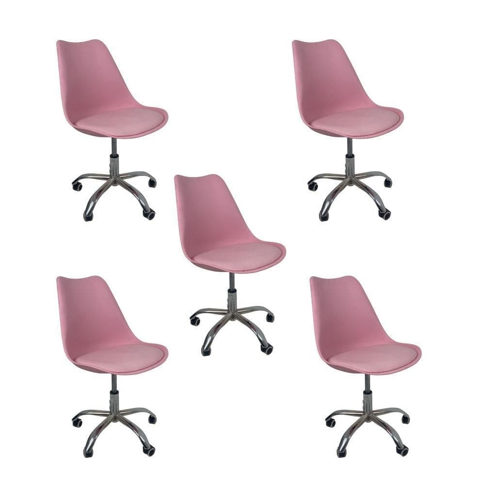 Kit 5 Cadeiras Office Base Cromada Com Rodizio Giratória Saarinen Rosa