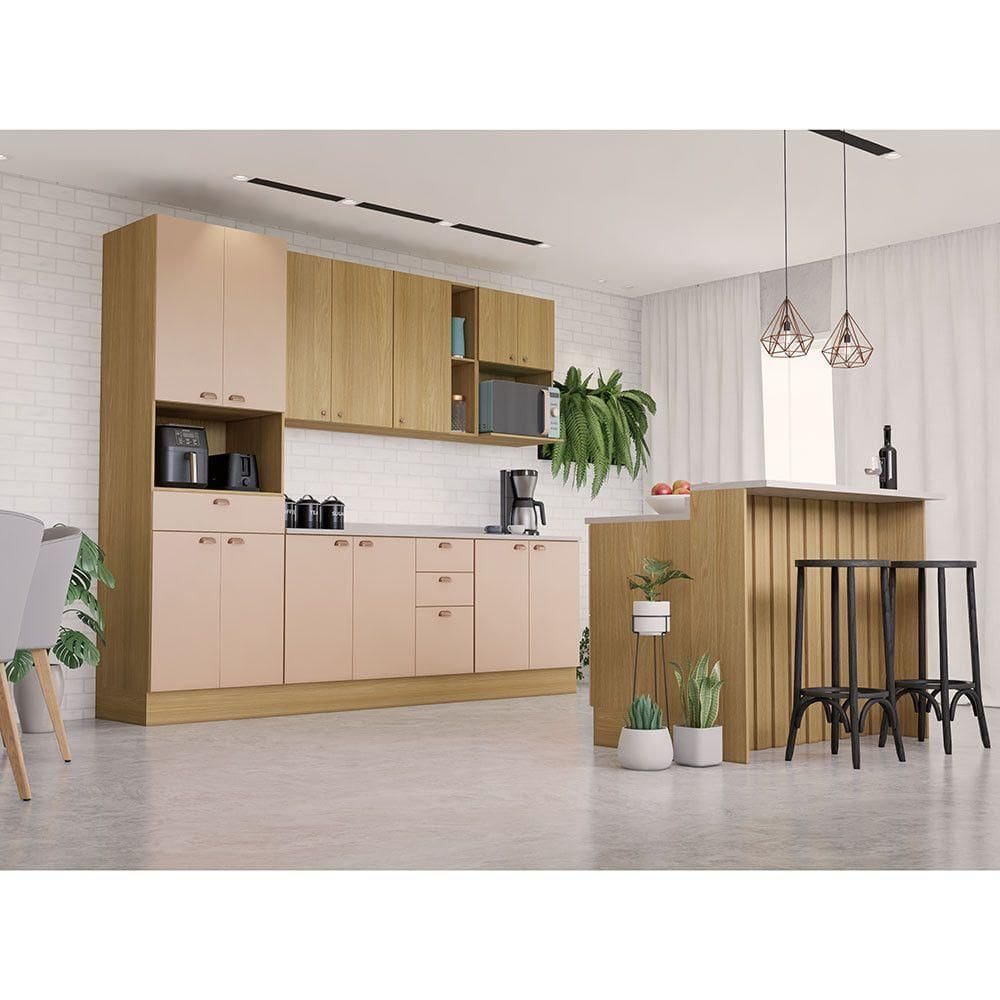 Cozinha Modulada Completa Com Bancada Ilha 8 Peças Com Tampo Freijó/freijó /Petala Rosa