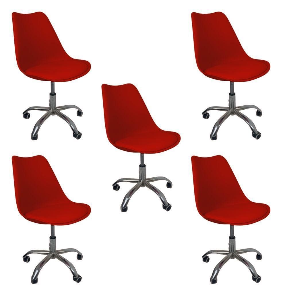 Kit 5 Cadeiras Office Base Cromada Com Rodizio Giratória Saarinen Vermelho