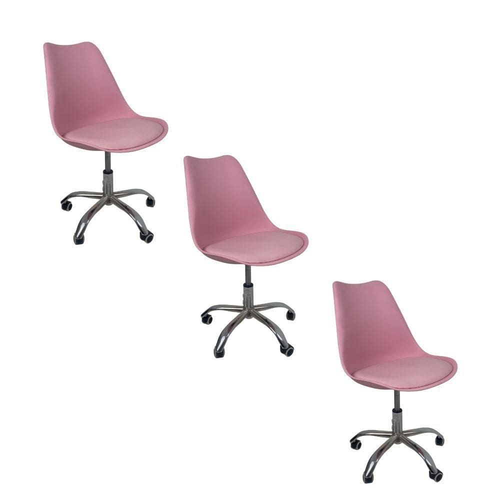 Kit 3 Cadeiras Office Base Cromada Com Rodizio Giratória Saarinen Rosa