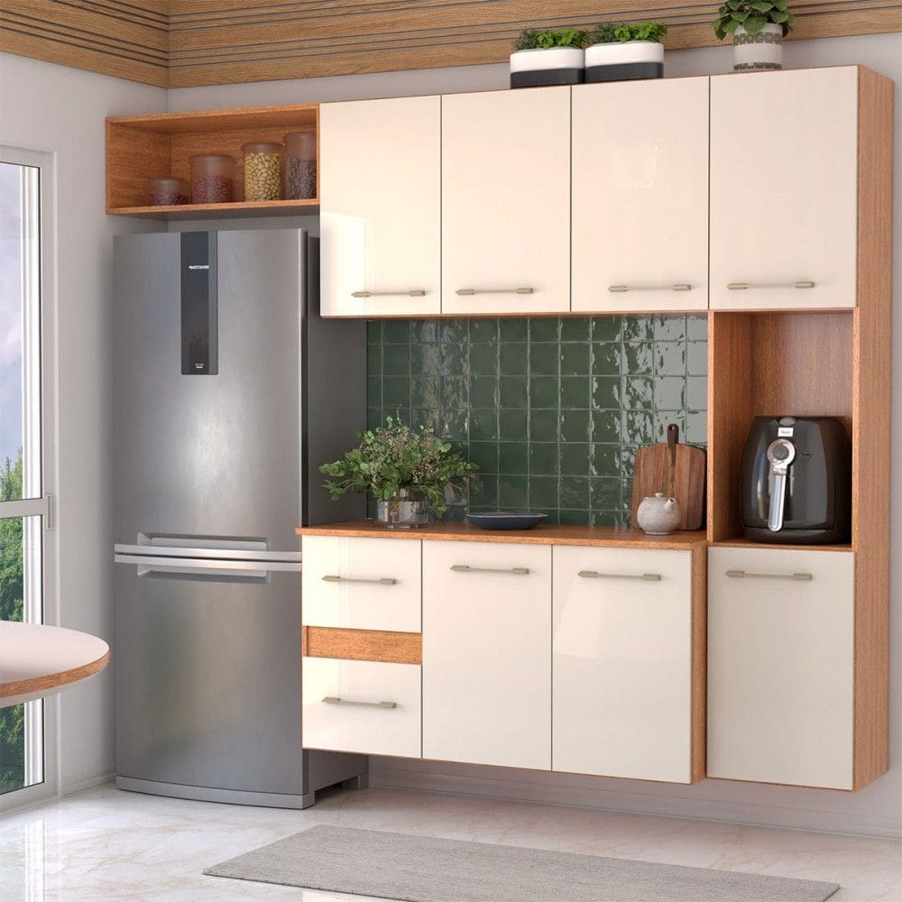 Armário de Cozinha com Balcão Maitê 7 Portas 2 Gaveta Cinamomo/Off White - Panorama Móveis