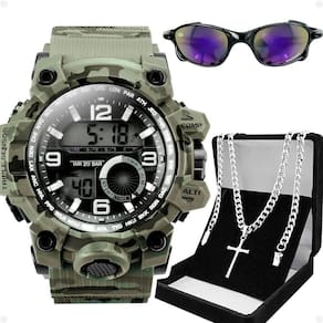 Relogio Masculino Digital Camuflado + Cordão E Oculos Sol Grande Prata Presente Verde Silicone