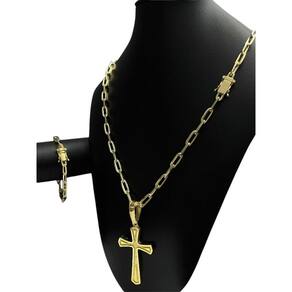 Kit Cadeado 7Mm + Pingente Cruz Gota - Banhado A Ouro 18K