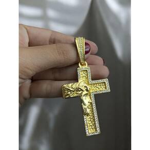 Pingente Cruz Rosto Jesus Cristo Cravejada G Banhado Ouro