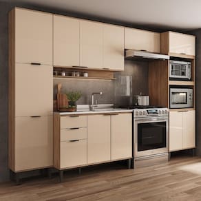 Armário de Cozinha Completa c Balcão Miami Motion Carraro Off White c Freijó