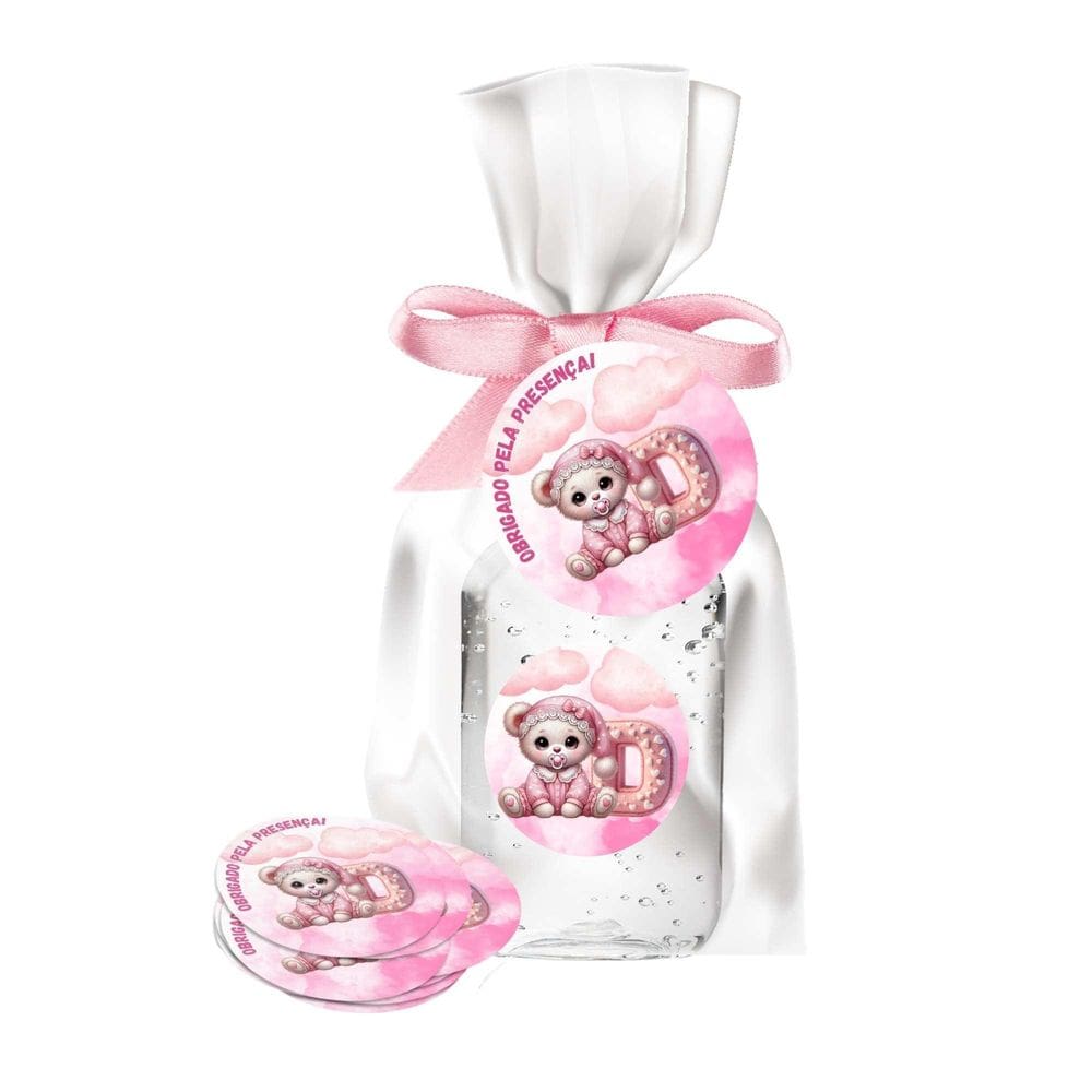 Kit 25 Lembrancinhas Alcool Gel Ursinha Rosa Letra D