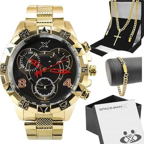 Relogio Masculino Dourado Aço + Pulseira + Caixa Presente Religioso Analogico Social Casual Grande