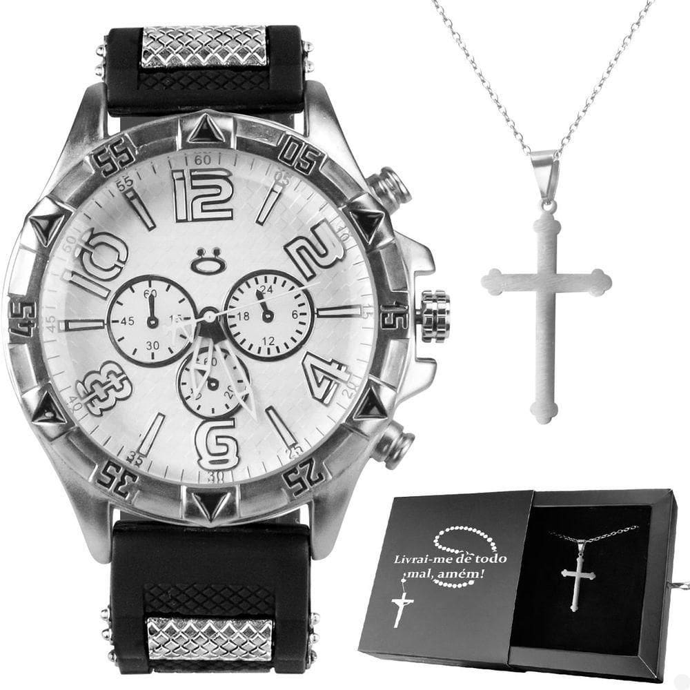 Relogio Masculino Prata Aço Inox + Cordao Crucifixo + Caixa Ponteiro Robusto Silicone Social Pesado