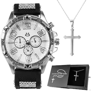 Relogio Masculino Prata Aço Inox + Cordao Crucifixo + Caixa Ponteiro Robusto Silicone Social Pesado