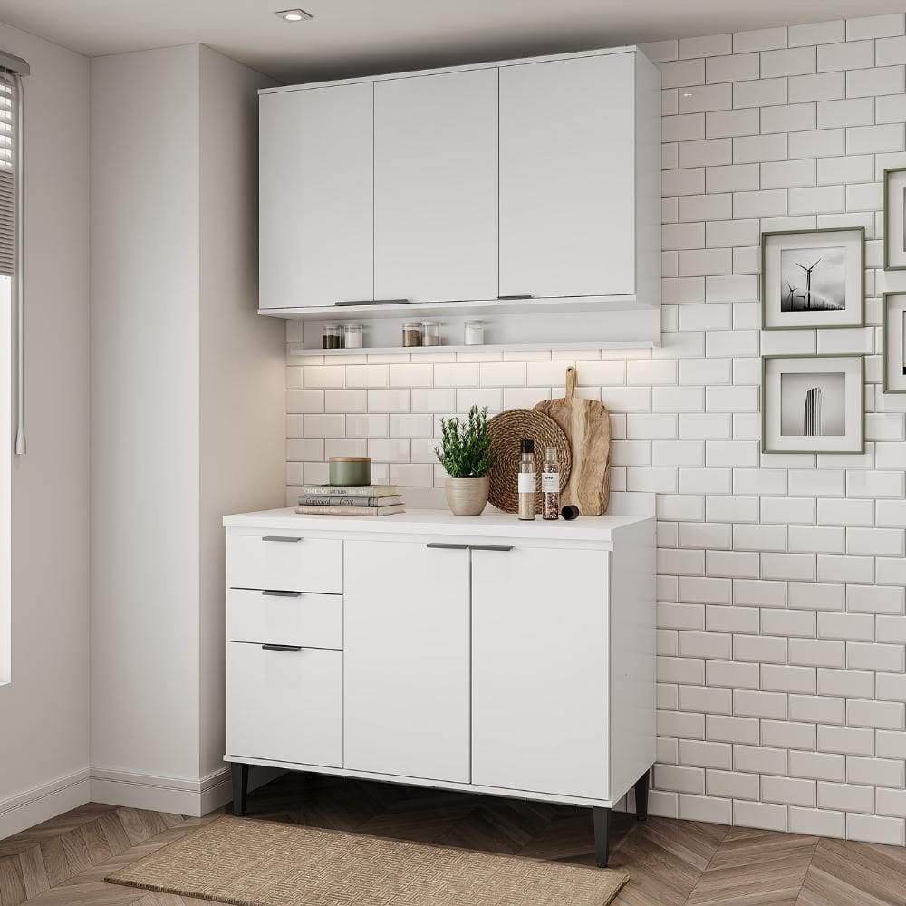 Armário de Cozinha Completa c Balcão Miami Tiny Carraro Branco
