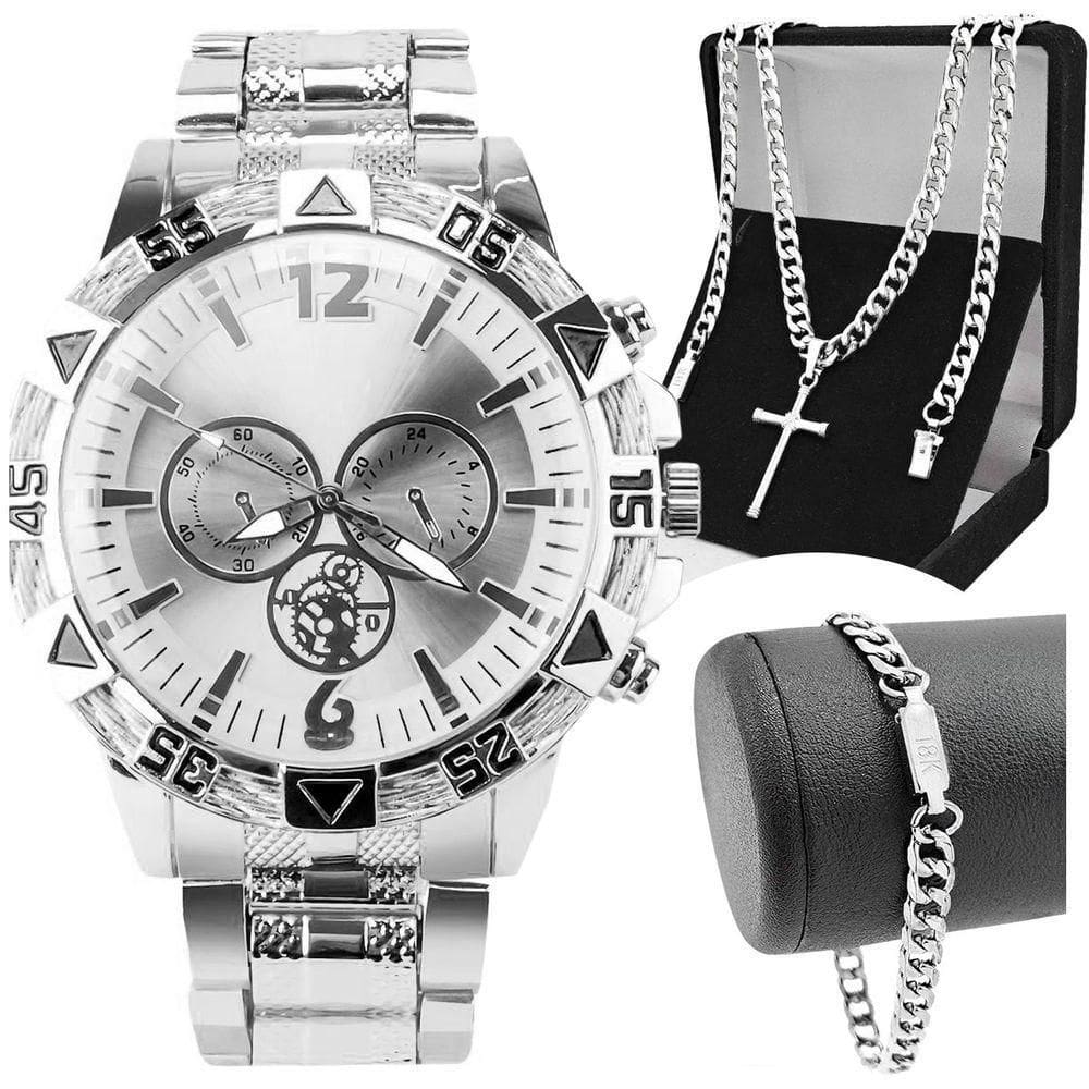 Relogio Masculino Prova Dagua Aço + Cordão Cruz + Pulseira Prata Qualidade Premium Religioso Social