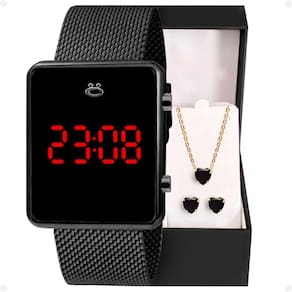 Relogio Feminino Digital Aço Inox + Colar + Brincos + Caixa Preto Pulseira Ajustável Casual Presente