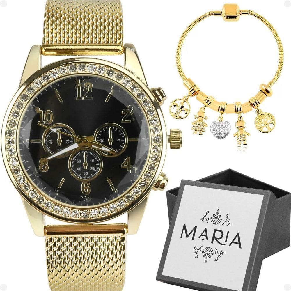 Relogio Feminino Prova Dagua Dourado + Caixa + Pulseira Pandora Redondo Mostrador Preto Moda Social