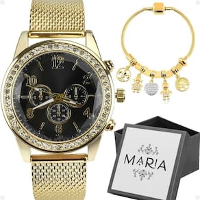 Relogio Feminino Prova Dagua Dourado + Caixa + Pulseira Pandora Redondo Mostrador Preto Moda Social
