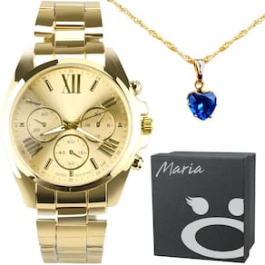 Relogio Feminino Prova Dagua Banhado + Colar Ouro + Caixa Dourado Aço Inoxidavel Social Casual